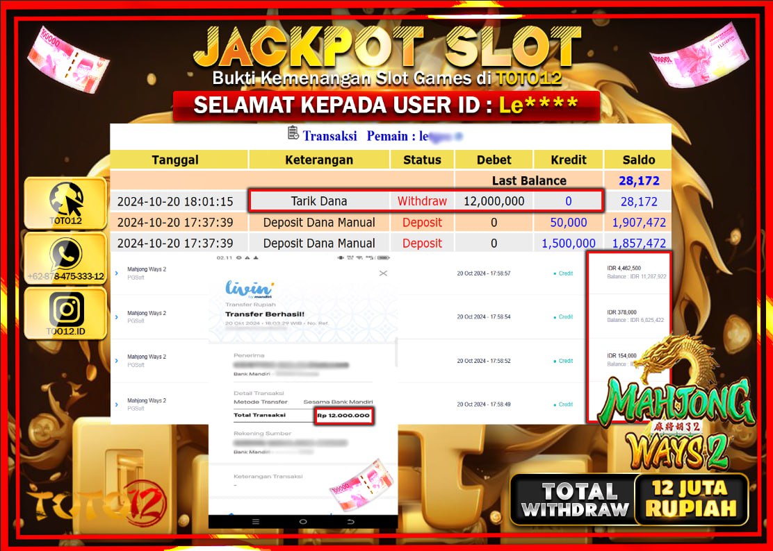 HANYA DI TOTO12 JP PASTI DI BAYAR LUNAS DAN CEPAT!!!!!! JACKPOT SLOT GAME ( MAHJONG WAYS 2 ) Rp.12.000.000 !!!!