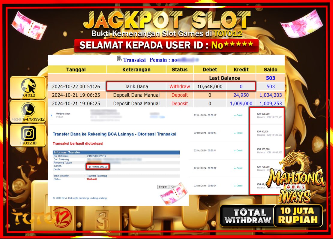 HANYA DI TOTO12 JP PASTI DI BAYAR LUNAS DAN CEPAT!!!!!! JACKPOT SLOT GAME ( MAHJONG WAYS) Rp.10.648.000 !!!!
