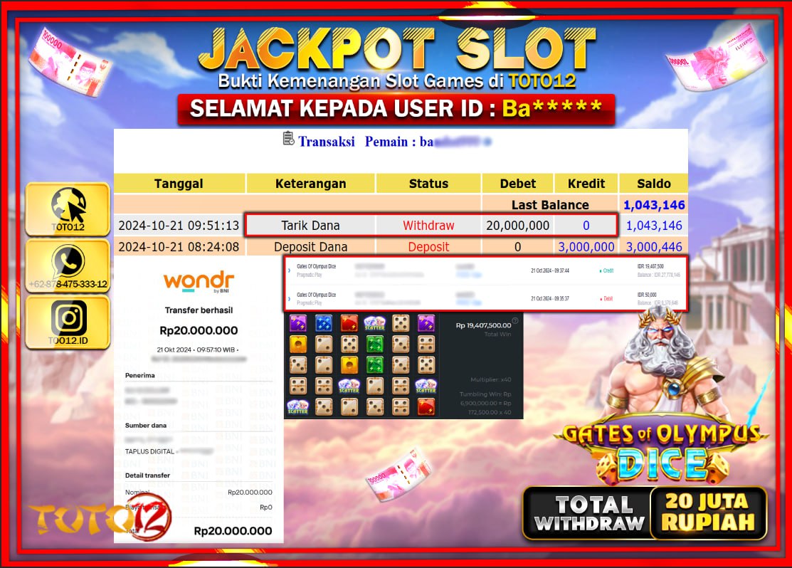 HANYA DI TOTO12 JP PASTI DI BAYAR LUNAS DAN CEPAT!!!!!! JACKPOT SLOT GAME ( GATES OF OLYMPUS DICE ) Rp.20.000.000 !!!!