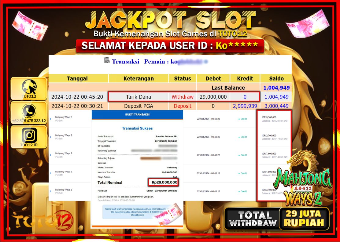 HANYA DI TOTO12 JP PASTI DI BAYAR LUNAS DAN CEPAT!!!!!! JACKPOT SLOT GAME ( MAHJONG WAYS 2 ) Rp.29.000.000 !!!!