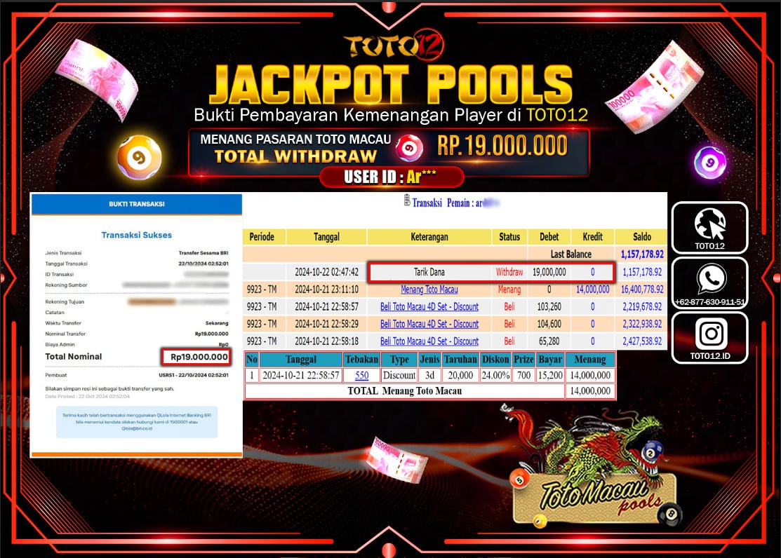 HANYA DI TOTO12 JP PASTI DI BAYAR LUNAS DAN CEPAT!!!!!! JACKPOT POOLS MENANG PASARAN ( TOTOMACAU4D ) Rp.19.000.000 !!!!