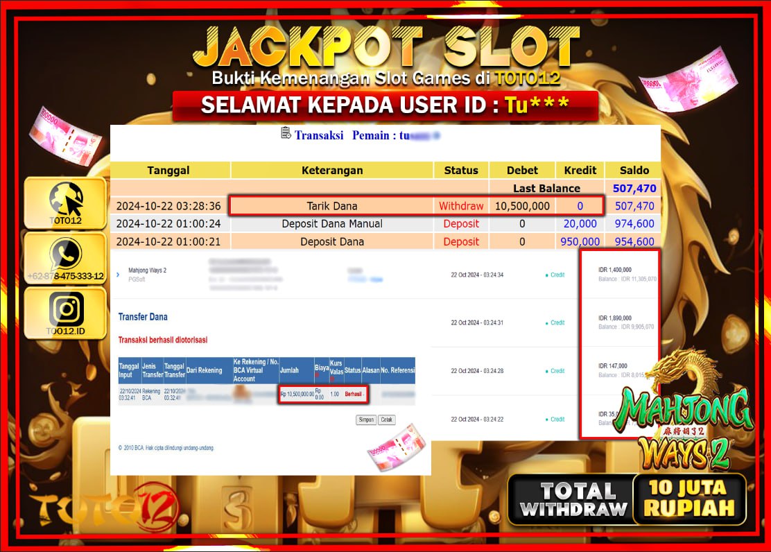 HANYA DI TOTO12 JP PASTI DI BAYAR LUNAS DAN CEPAT!!!!!! JACKPOT SLOT GAME ( MAHJONG WAYS 2) Rp.10.000.000 !!!!