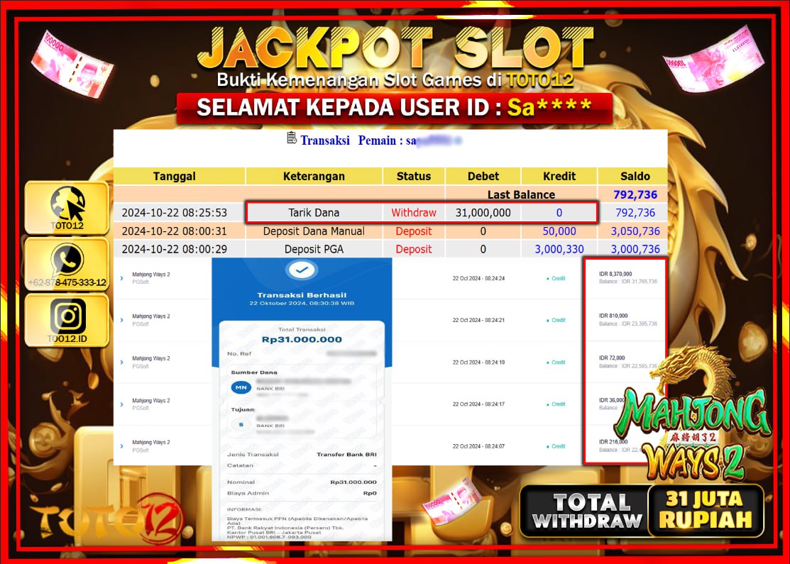 HANYA DI TOTO12 JP PASTI DI BAYAR LUNAS DAN CEPAT!!!!!! JACKPOT SLOT GAME ( MAHJING WAYS 2) Rp.31.000.000 !!!!