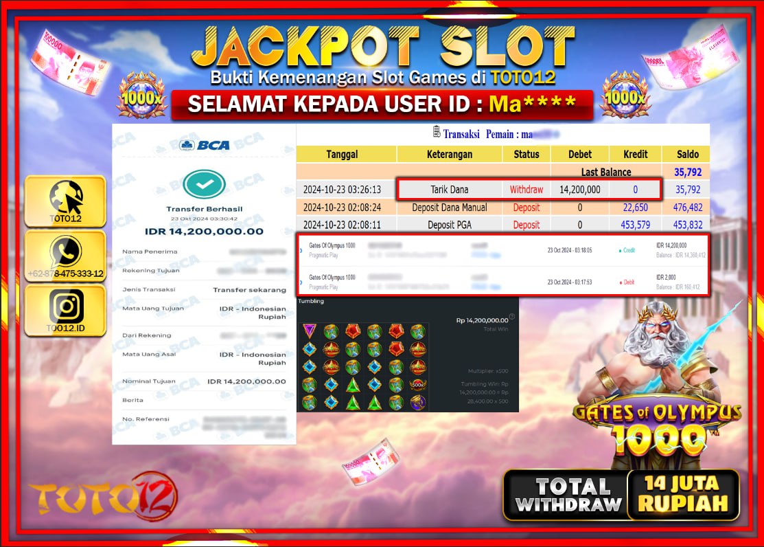 HANYA DI TOTO12 JP PASTI DI BAYAR LUNAS DAN CEPAT!!!!!! JACKPOT SLOT GAME (GATES OF OLYMPUS 1000) Rp.14.000.000 !!!!