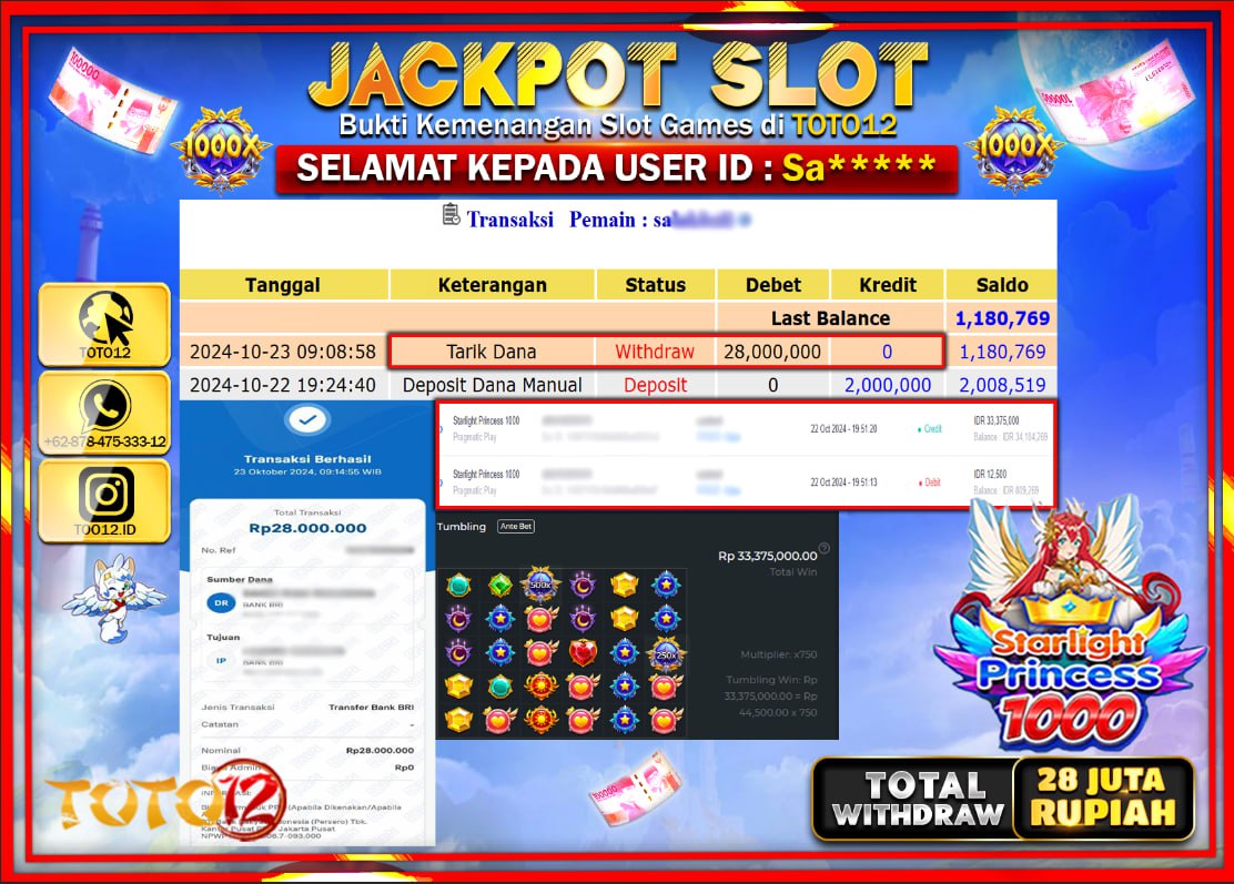 HANYA DI TOTO12 JP PASTI DI BAYAR LUNAS DAN CEPAT!!!!!! JACKPOT SLOT GAME (STARLIGHT PRINCESS 1000) Rp.28.000.000 !!!!