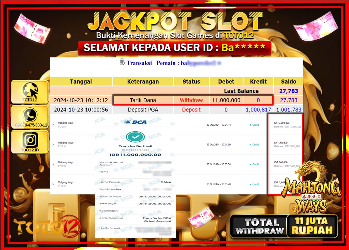 HANYA DI TOTO12 JP PASTI DI BAYAR LUNAS DAN CEPAT!!!!!! JACKPOT SLOT GAME (MAHJONG WAYS) Rp.11.000.000 !!!!