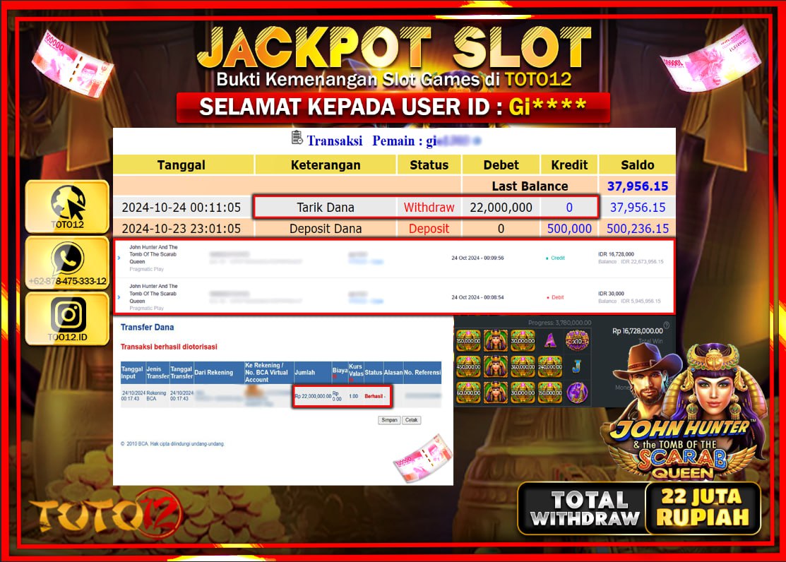 HANYA DI TOTO12 JP PASTI DI BAYAR LUNAS DAN CEPAT!!!!!! JACKPOT SLOT GAME (JOHN HUNTER AND THE TOMB OF THE SCARAB QUEES) Rp.22.000.000 !!!!