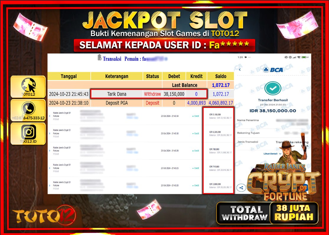 HANYA DI TOTO12 JP PASTI DI BAYAR LUNAS DAN CEPAT!!!!!! JACKPOT SLOT GAME (RAIDER JANES CRYPT OF FORTUNE) Rp.38.000.000 !!!!