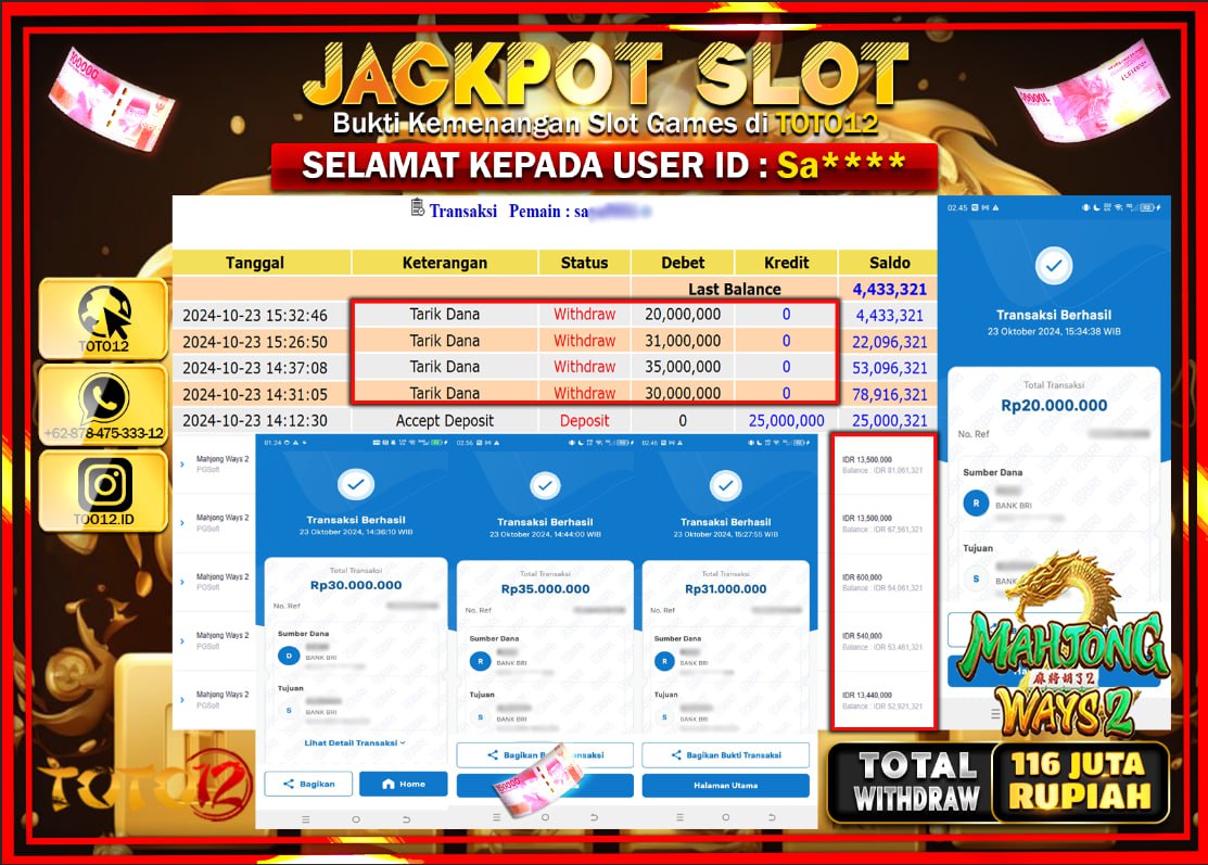 HANYA DI TOTO12 JP PASTI DI BAYAR LUNAS DAN CEPAT!!!!!! JACKPOT SLOT GAME (MAHJONG WAYS 2) Rp.116.000.000 !!!!