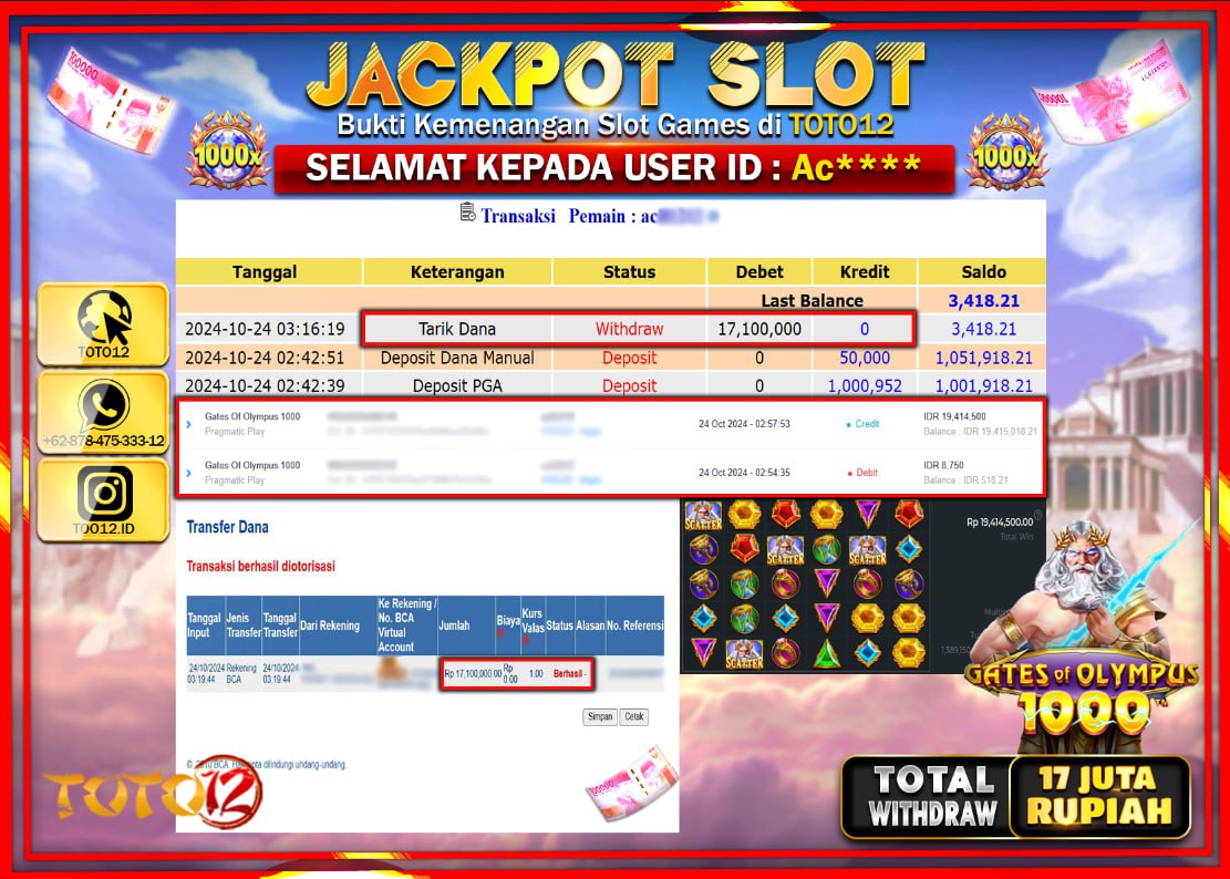 HANYA DI TOTO12 JP PASTI DI BAYAR LUNAS DAN CEPAT!!!!!! JACKPOT SLOT GAME (GATES OF OLYMPUS 1000) Rp.17.000.000 !!!!