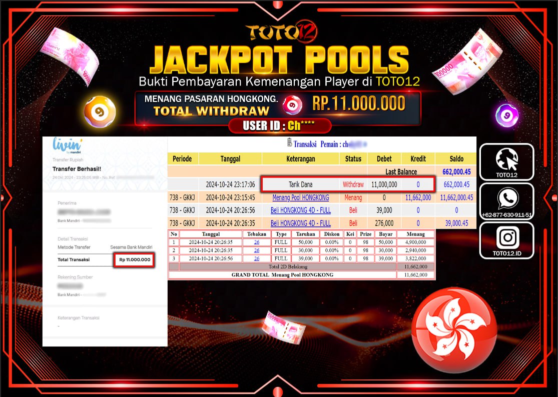 HANYA DI TOTO12 JP PASTI DI BAYAR LUNAS DAN CEPAT!!!!!! JACKPOT POOLS MENANG PASARAN (HONGKONG) Rp.11.000.000 !!!!