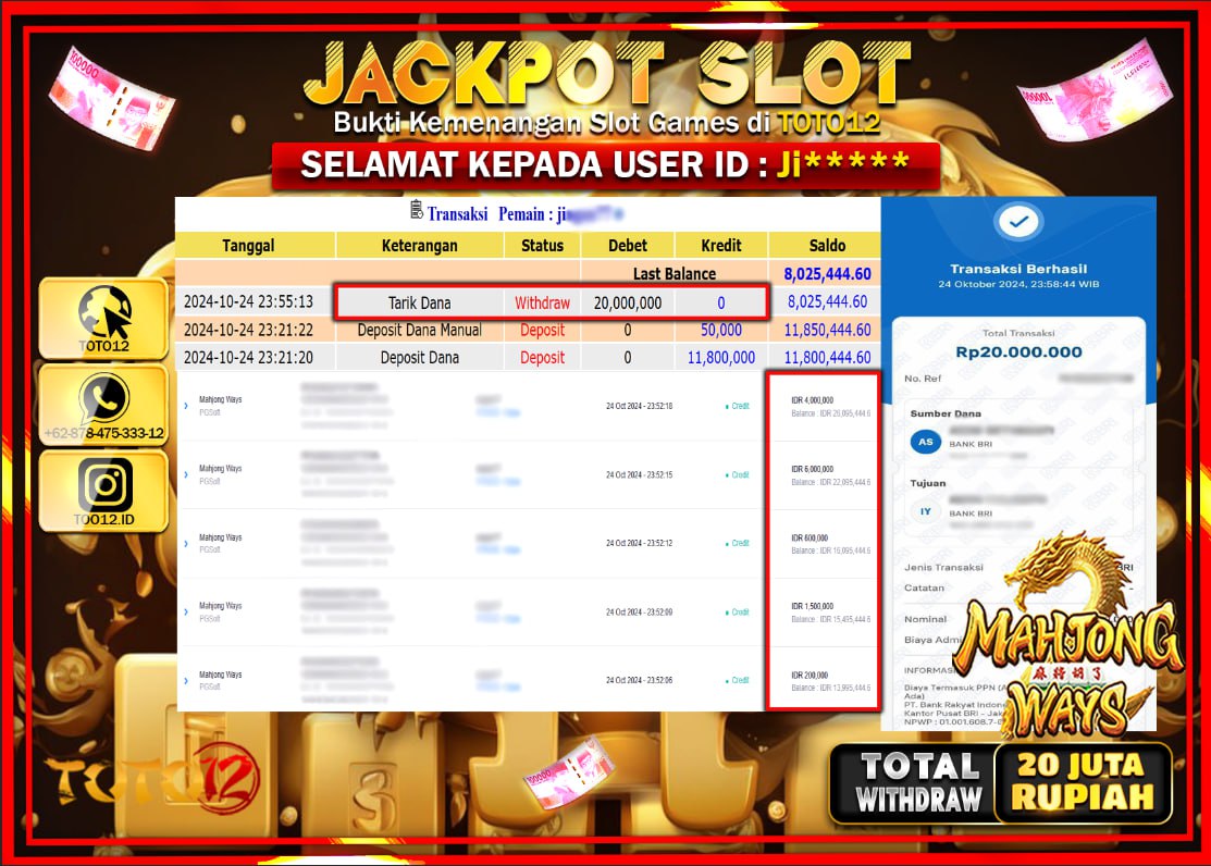 HANYA DI TOTO12 JP PASTI DI BAYAR LUNAS DAN CEPAT!!!!!! JACKPOT SLOT GAME (MAHJONG WAYS) Rp.20.000.000 !!!!
