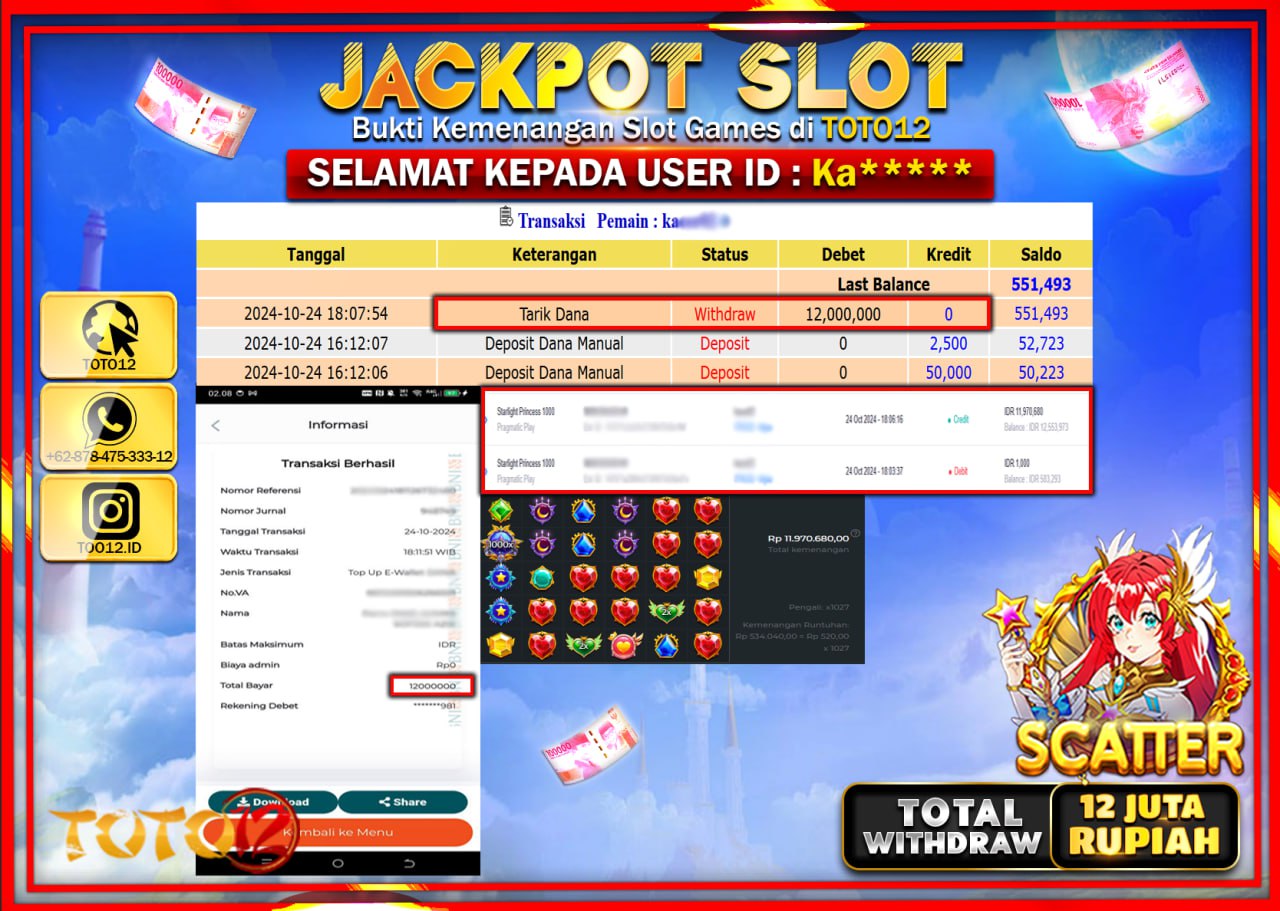 HANYA DI TOTO12 JP PASTI DI BAYAR LUNAS DAN CEPAT!!!!!! JACKPOT SLOT GAME (STARLIGHT PRINCESS 1000) Rp.12.000.000 !!!!