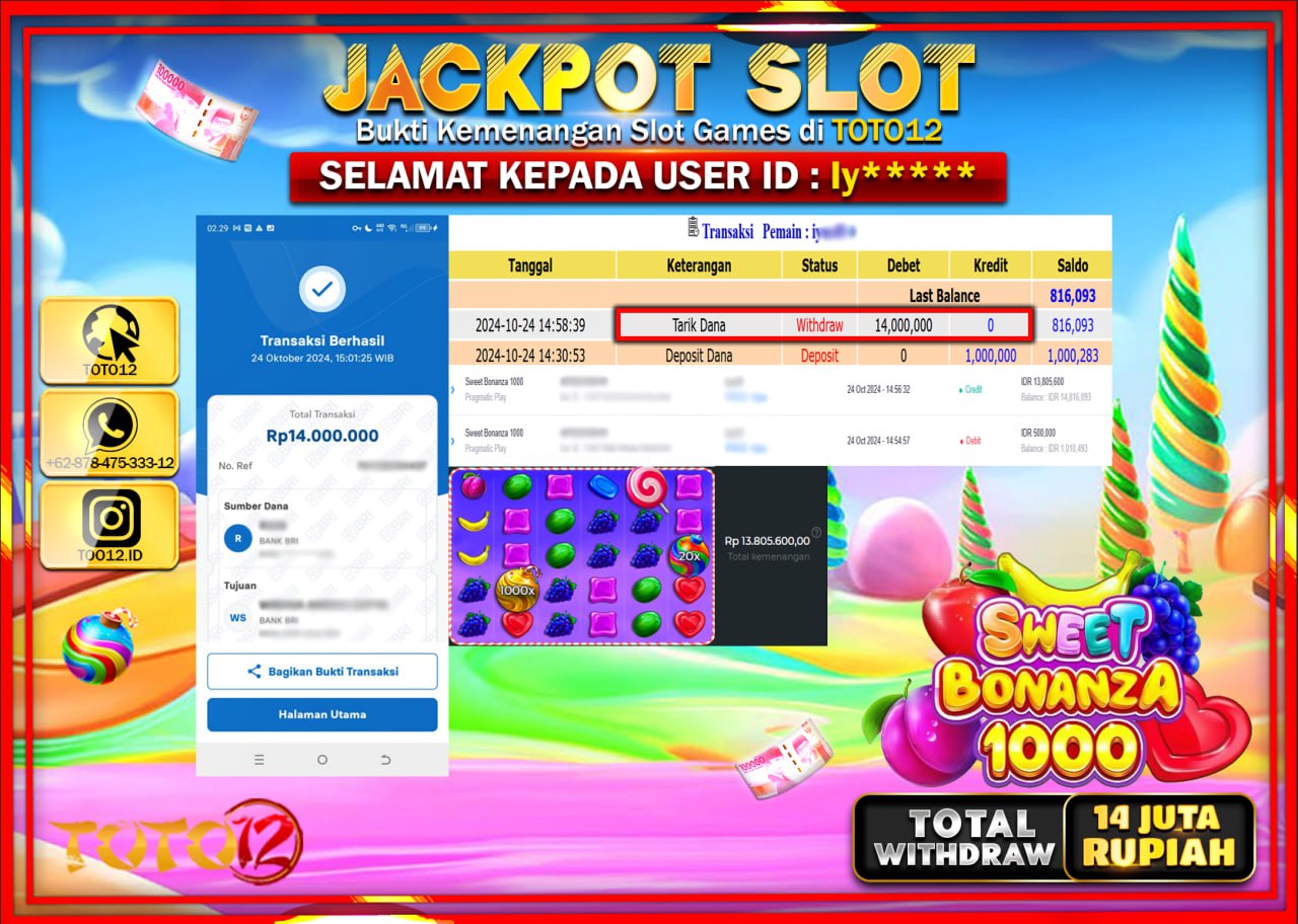 HANYA DI TOTO12 JP PASTI DI BAYAR LUNAS DAN CEPAT!!!!!! JACKPOT SLOT GAME (SWEET BONANZA 1000) Rp.14.000.000 !!!!