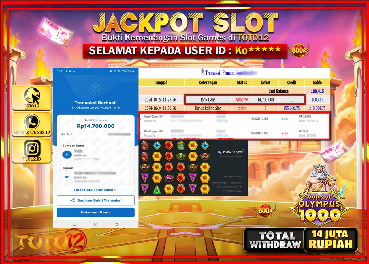 HANYA DI TOTO12 JP PASTI DI BAYAR LUNAS DAN CEPAT!!!!!! JACKPOT SLOT GAME (GATES OF OLYMPUS 1000) Rp.14.000.000 !!!!
