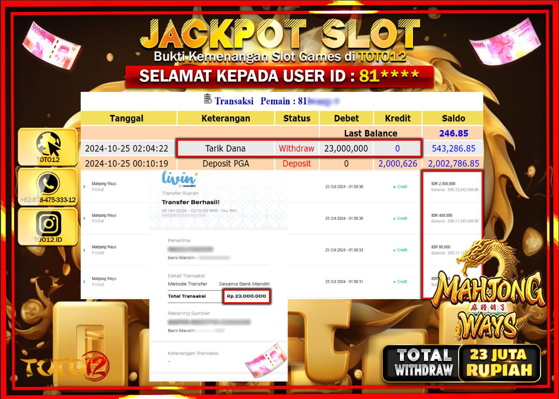 HANYA DI TOTO12 JP PASTI DI BAYAR LUNAS DAN CEPAT!!!!!! JACKPOT SLOT GAME (MAHJONG WAYS) Rp.23.000.000 !!!!