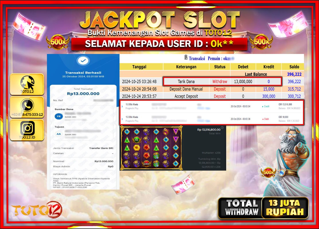 HANYA DI TOTO12 JP PASTI DI BAYAR LUNAS DAN CEPAT!!!!!! JACKPOT SLOT GAME (15.000X MANIA) Rp.13.000.000 !!!!