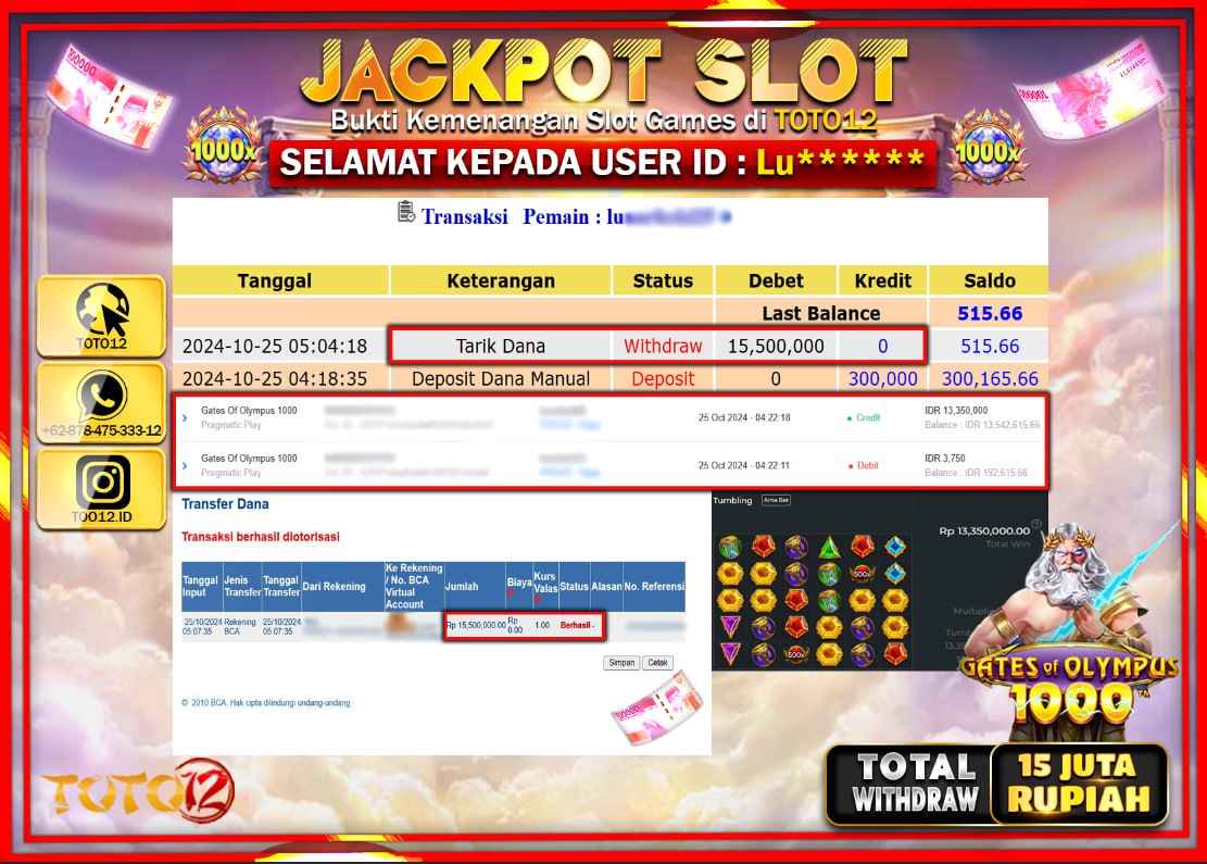 HANYA DI TOTO12 JP PASTI DI BAYAR LUNAS DAN CEPAT!!!!!! JACKPOT SLOT GAME (GATES OF OLYMPUS 1000) Rp.15.000.000 !!!!
