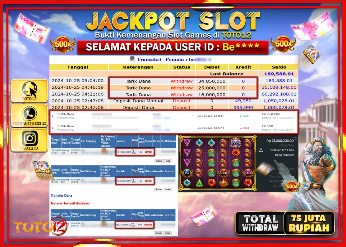 HANYA DI TOTO12 JP PASTI DI BAYAR LUNAS DAN CEPAT!!!!!! JACKPOT SLOT GAME (15.000X MANIA) Rp.75.000.000 !!!!