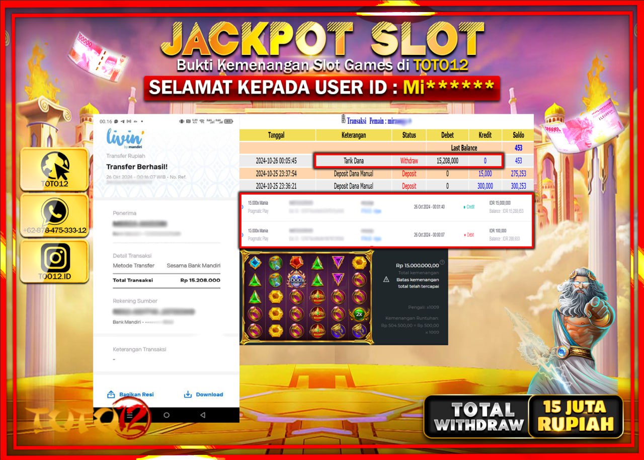 HANYA DI TOTO12 JP PASTI DI BAYAR LUNAS DAN CEPAT!!!!!! JACKPOT SLOT GAME (15.000X MANIA) Rp.15.000.000 !!!!