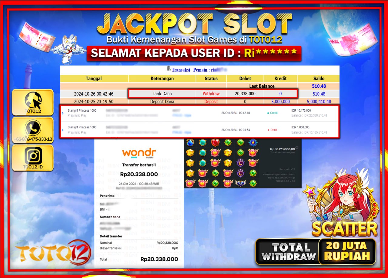 HANYA DI TOTO12 JP PASTI DI BAYAR LUNAS DAN CEPAT!!!!!! JACKPOT SLOT GAME (STARLIGHT PRINCESS 1000) Rp.20.000.000 !!!!