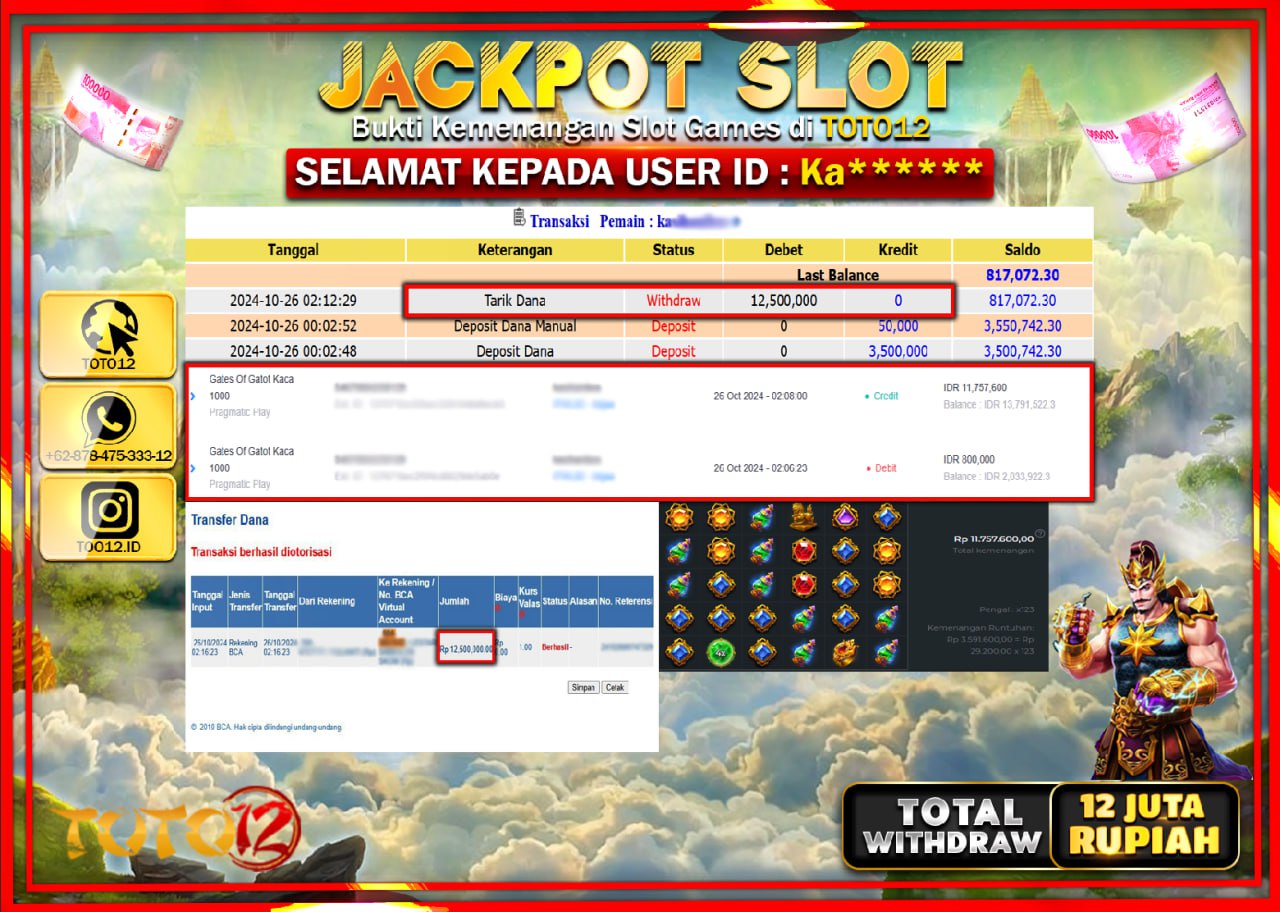 HANYA DI TOTO12 JP PASTI DI BAYAR LUNAS DAN CEPAT!!!!!! JACKPOT SLOT GAME (GATES OF GATOT KACA 1000) Rp.12.000.000 !!!!