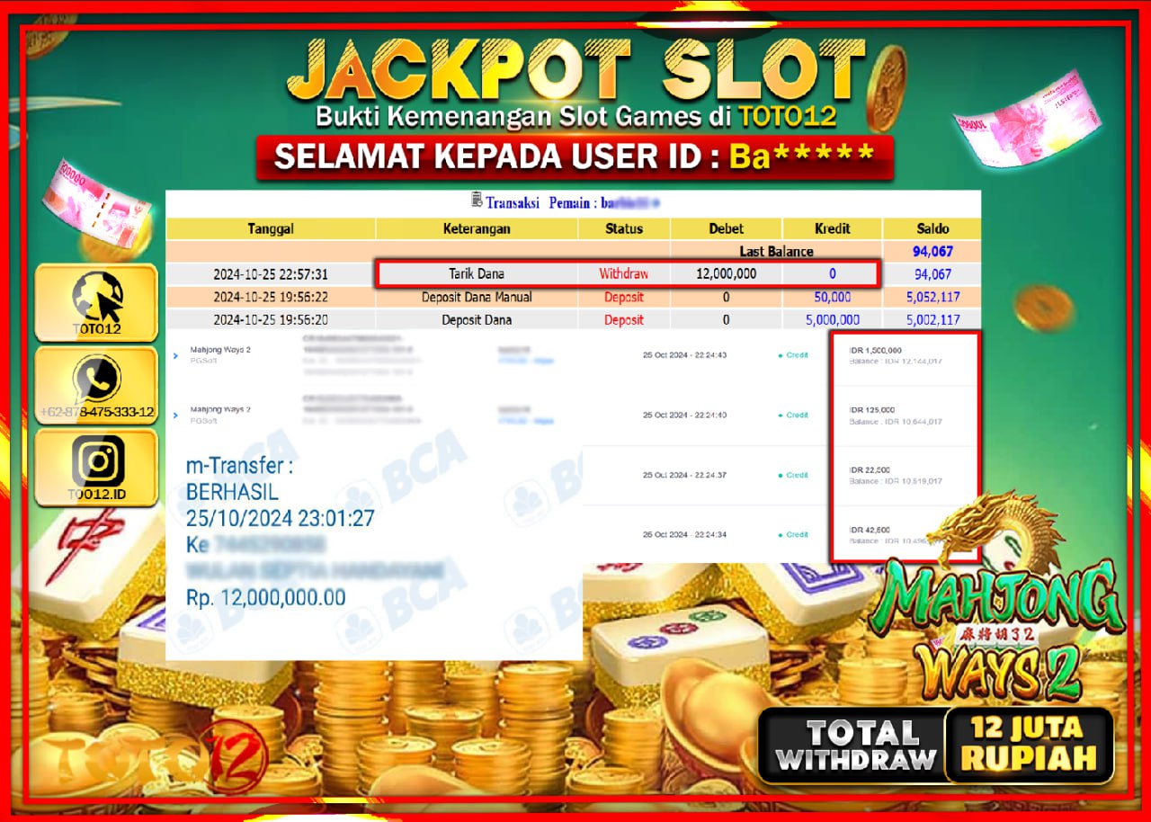 HANYA DI TOTO12 JP PASTI DI BAYAR LUNAS DAN CEPAT!!!!!! JACKPOT SLOT GAME (MAHJONG WAYS 2) Rp.12.000.000 !!!!
