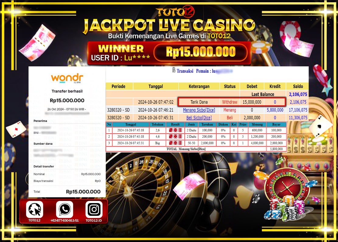 HANYA DI TOTO12 JP PASTI DI BAYAR LUNAS DAN CEPAT!!!!!! JACKPOT LIVE GEME CASINO (SICBO DICE) Rp.15.000.000 !!!!