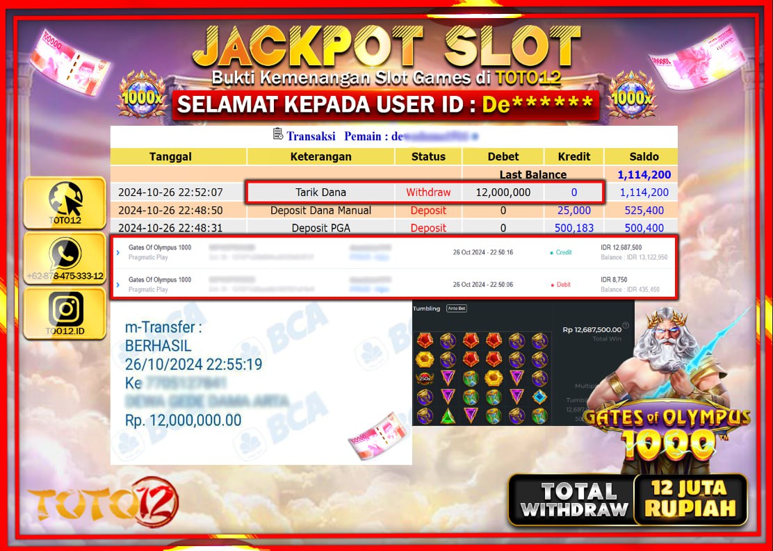 HANYA DI TOTO12 JP PASTI DI BAYAR LUNAS DAN CEPAT!!!!!! JACKPOT SLOT GAME (GATES OF OLYMPUS 1000) Rp.12.000.000 !!!!