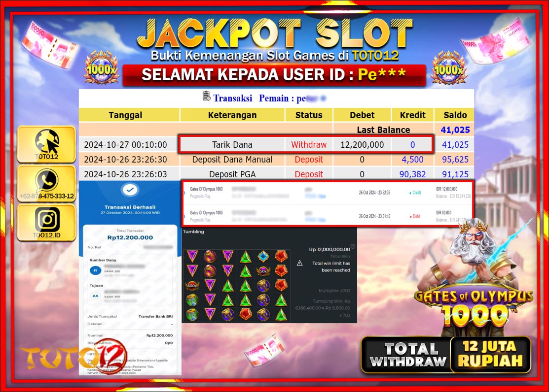 HANYA DI TOTO12 JP PASTI DI BAYAR LUNAS DAN CEPAT!!!!!! JACKPOT SLOT GAME (GATES OF OLYMPUS 1000) Rp.12.000.000 !!!!