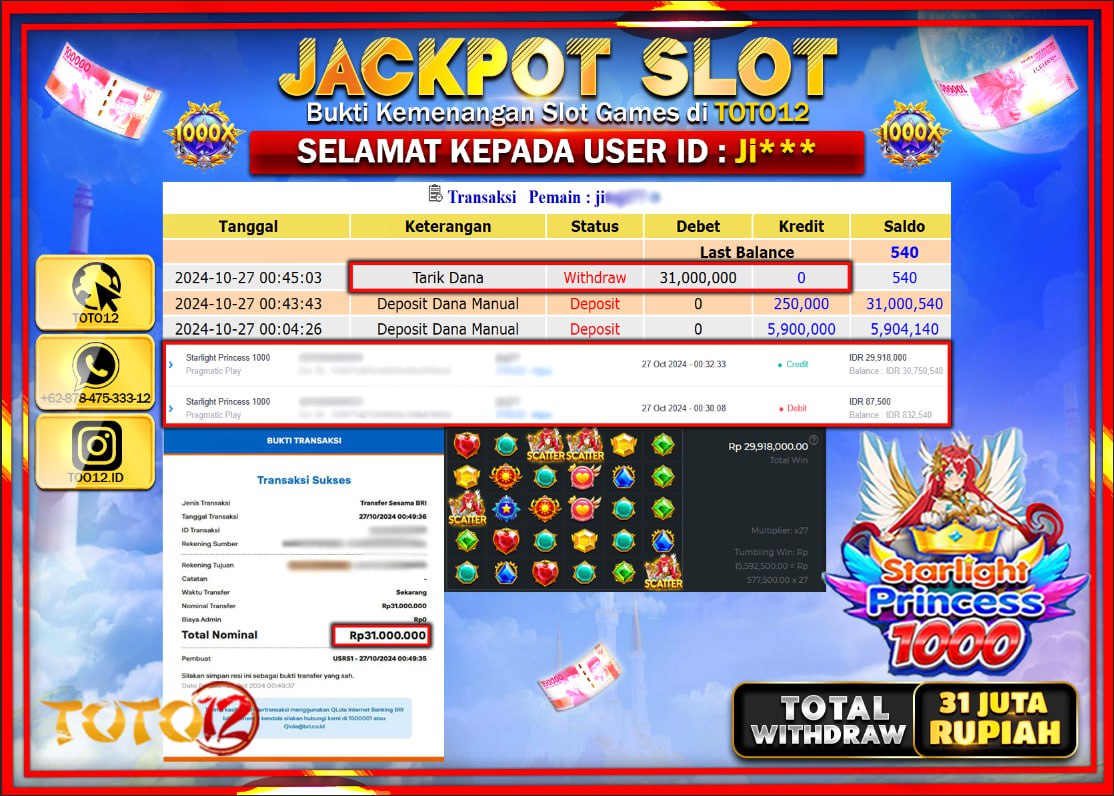 HANYA DI TOTO12 JP PASTI DI BAYAR LUNAS DAN CEPAT!!!!!! JACKPOT SLOT GAME (STARLIGHT PRINCESS 1000) Rp.31.000.000 !!!!