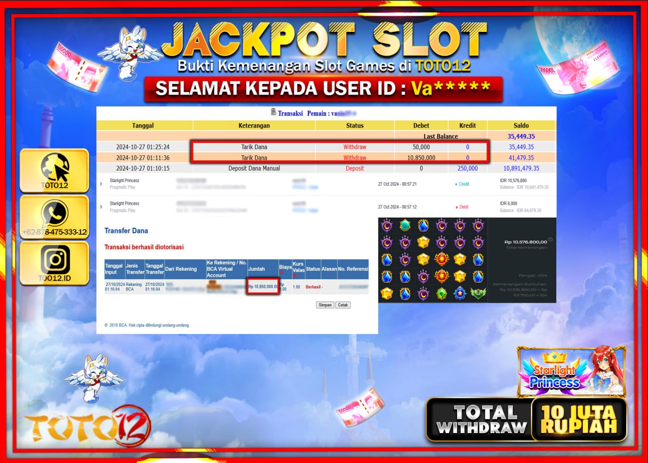 HANYA DI TOTO12 JP PASTI DI BAYAR LUNAS DAN CEPAT!!!!!! JACKPOT SLOT GAME (STARLIGHT PRINCESS) Rp.10.000.000 !!!!