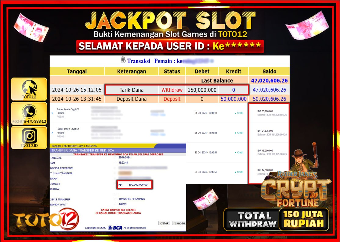 HANYA DI TOTO12 JP PASTI DI BAYAR LUNAS DAN CEPAT!!!!!! JACKPOT SLOT GAME (CRYPT OF FORTUNE) Rp.150.000.000 !!!!