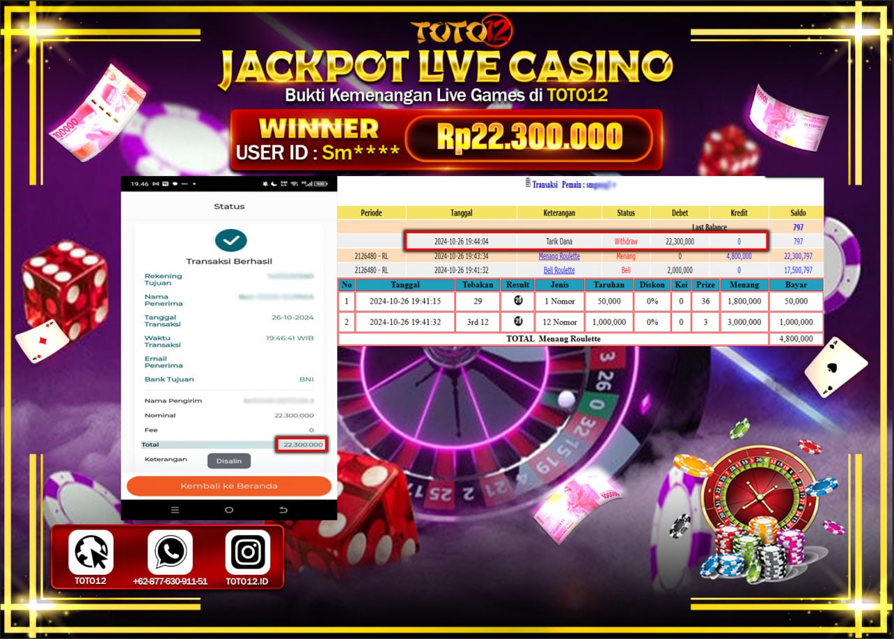 HANYA DI TOTO12 JP PASTI DI BAYAR LUNAS DAN CEPAT!!!!!! JACKPOT LIVE GAME CASINO (ROULETTE) Rp.22.300.000 !!!!