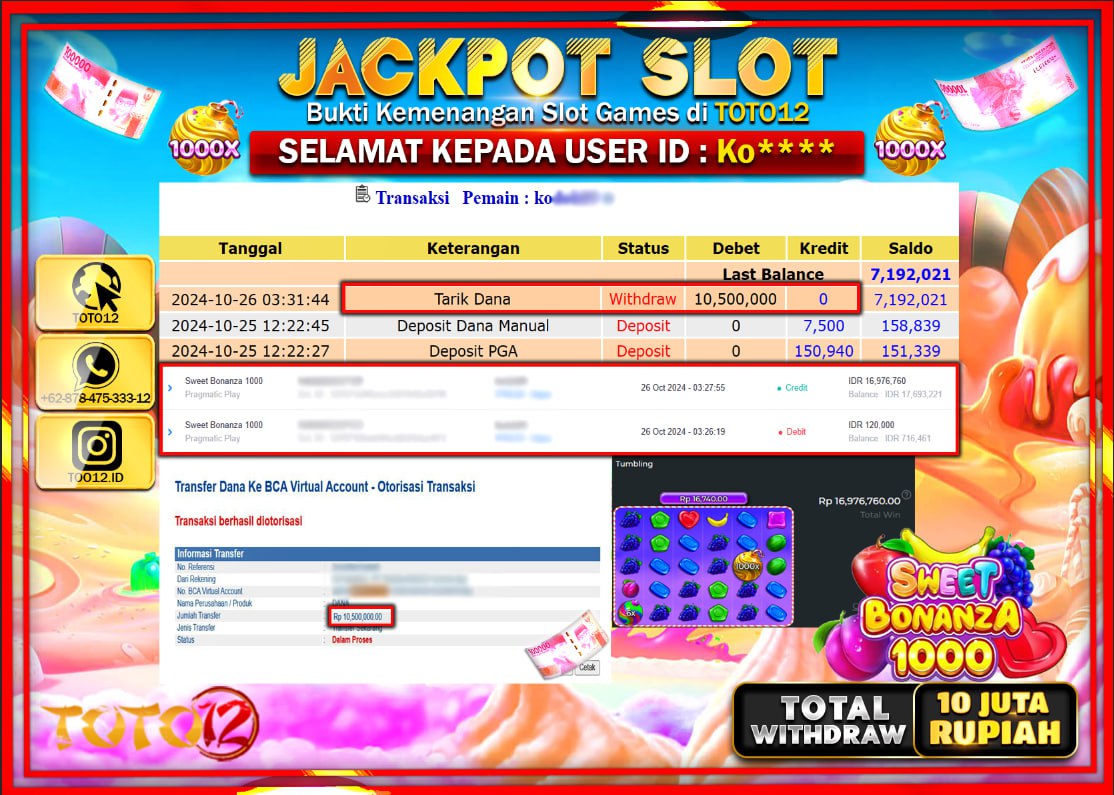 HANYA DI TOTO12 JP PASTI DI BAYAR LUNAS DAN CEPAT!!!!!! JACKPOT SLOT GAME (SWEET BONANZA 1000) Rp.10.000.000 !!!!