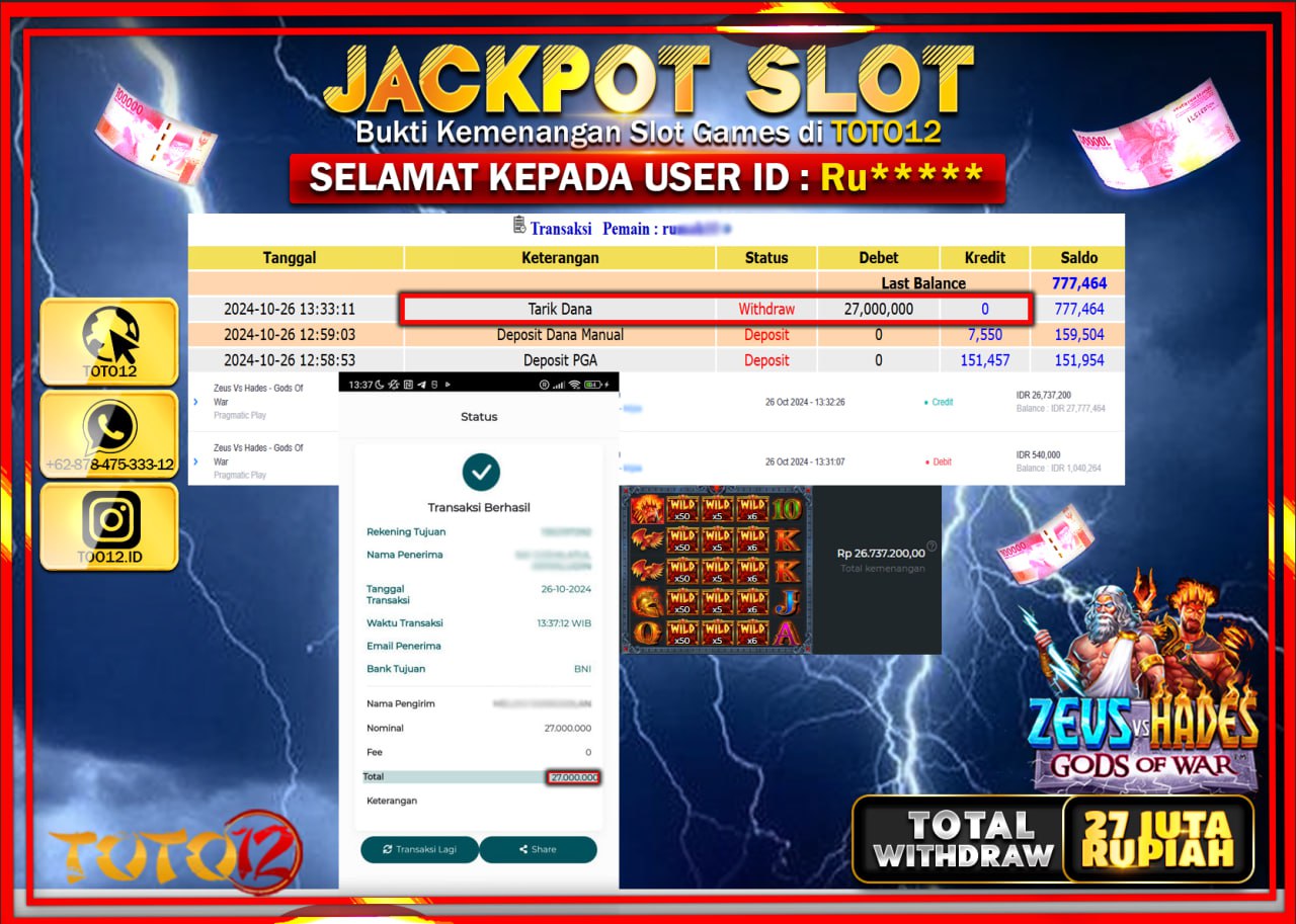 HANYA DI TOTO12 JP PASTI DI BAYAR LUNAS DAN CEPAT!!!!!! JACKPOT SLOT GAME (ZEUS VS HADES GODS OF WAR) Rp.27.000.000 !!!!
