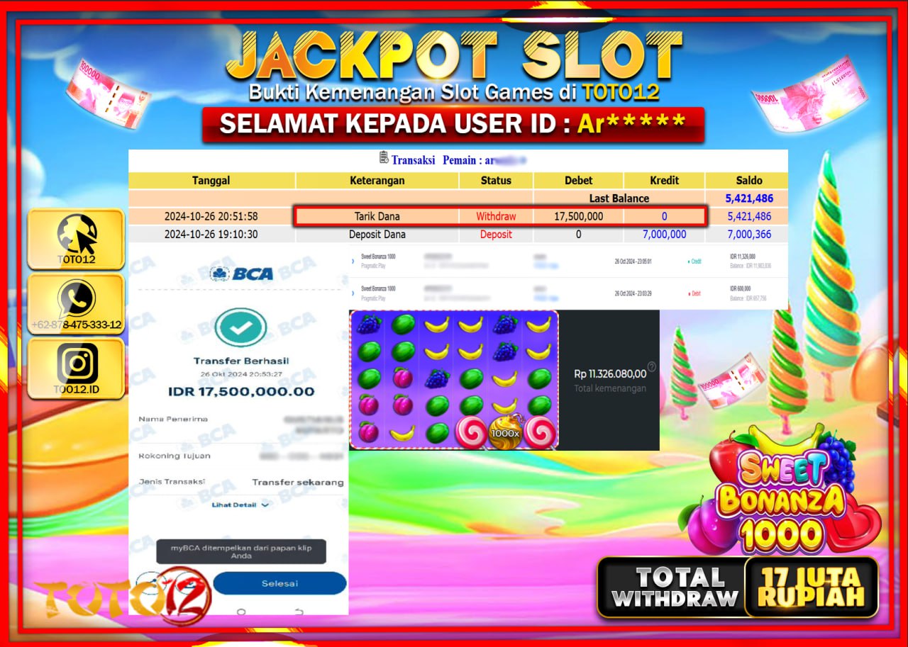 HANYA DI TOTO12 JP PASTI DI BAYAR LUNAS DAN CEPAT!!!!!! JACKPOT SLOT GAME (SWEET BONANZA 1000) Rp.17.000.000 !!!!