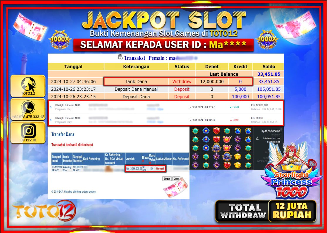 HANYA DI TOTO12 JP PASTI DI BAYAR LUNAS DAN CEPAT!!!!!! JACKPOT SLOT GAME (STARLIGHT PRINCESS 1000) Rp.12.000.000 !!!!