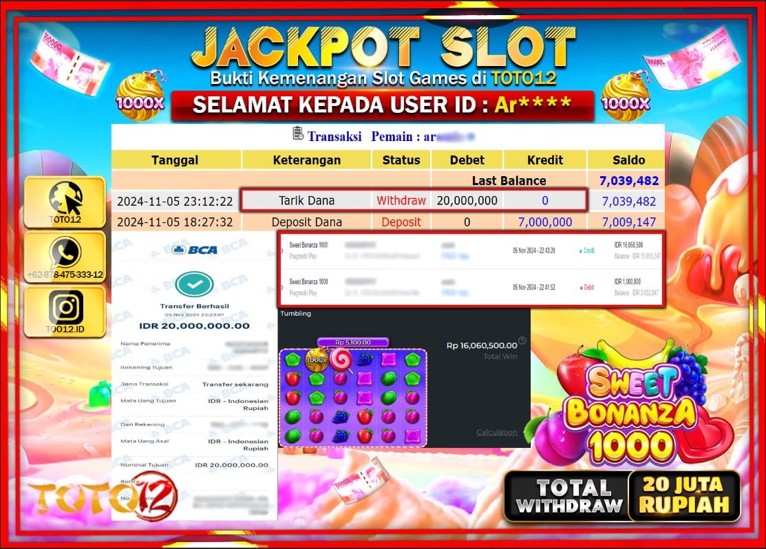 HANYA DI TOTO12 JP PASTI DI BAYAR LUNAS DAN CEPAT!!!!!! JACKPOT SLOT GAME (SWEET BONANZA 1000) Rp.20.000.000 !!!!