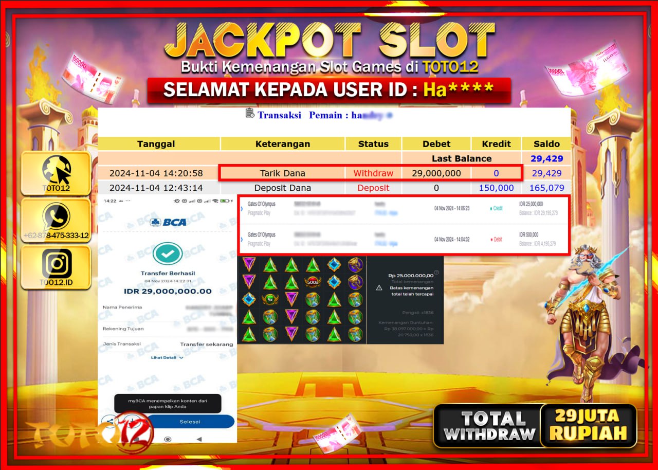 HANYA DI TOTO12 JP PASTI DI BAYAR LUNAS DAN CEPAT!!!!!! JACKPOT SLOT GAME (GATAS OF OLYMPUS) Rp.29.000.000 !!!!