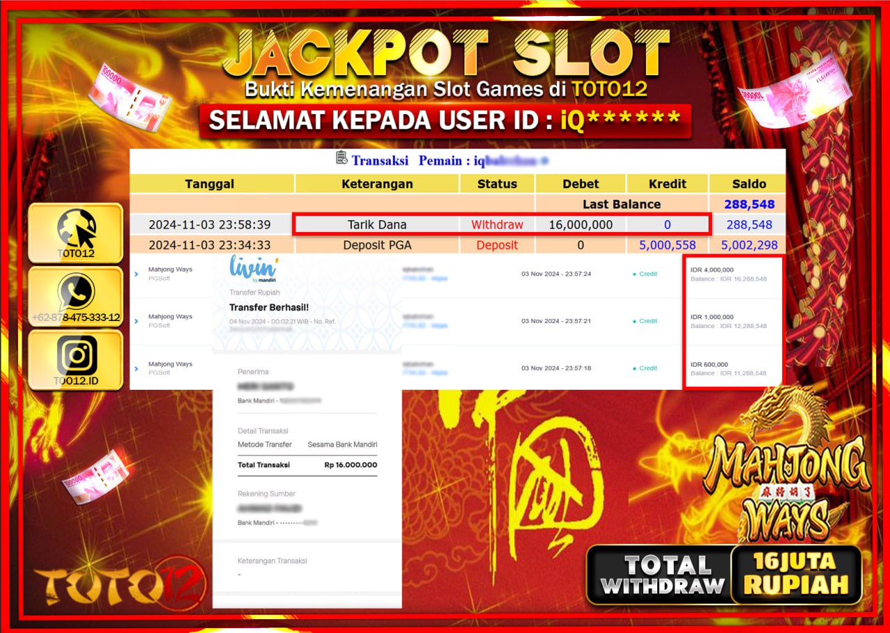  HANYA DI TOTO12 JP PASTI DI BAYAR LUNAS DAN CEPAT!!!!!! JACKPOT SLOT GAME (MAHJONG WAYS) Rp.16.000.000 !!!!