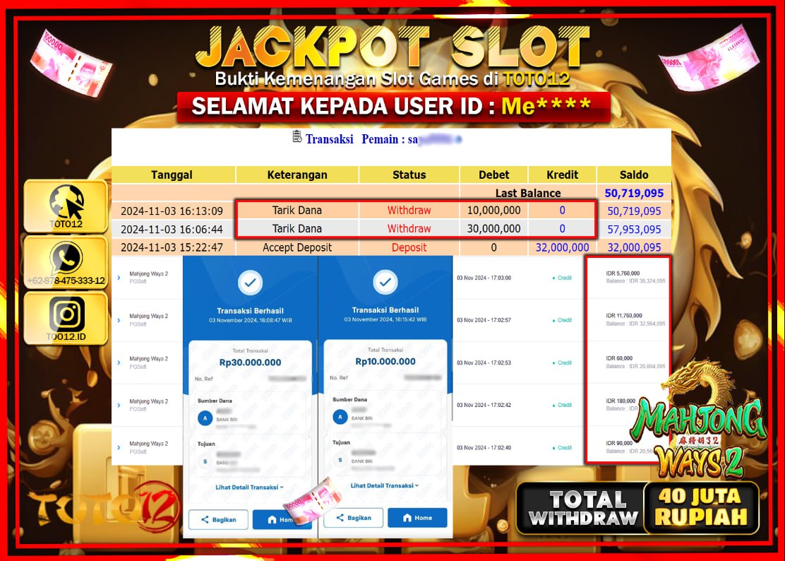  HANYA DI TOTO12 JP PASTI DI BAYAR LUNAS DAN CEPAT!!!!!! JACKPOT SLOT GAME (MAHJONG WAYS 2) Rp.40.000.000 !!!!