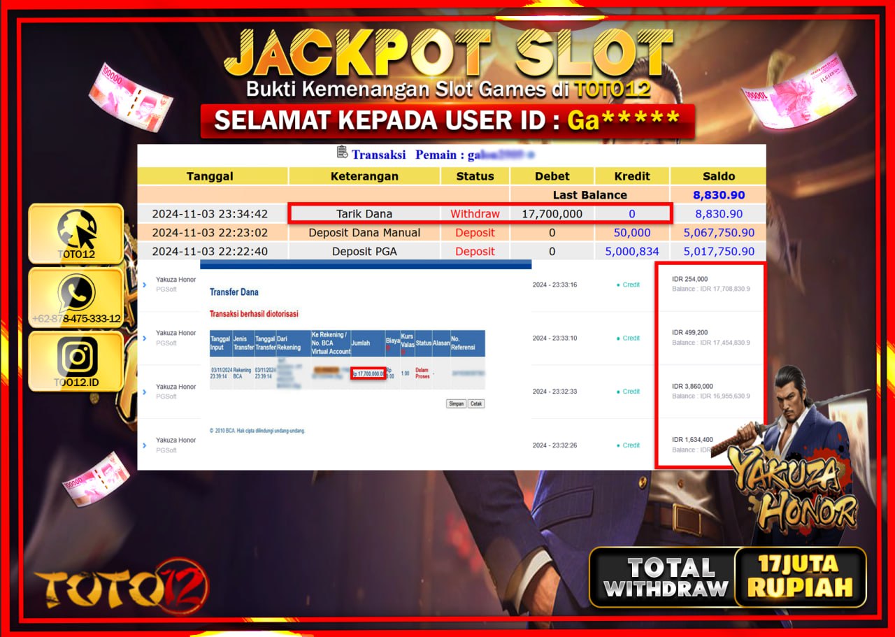  HANYA DI TOTO12 JP PASTI DI BAYAR LUNAS DAN CEPAT!!!!!! JACKPOT SLOT GAME (YAKUZA HONOR) Rp.17.000.000 !!!!