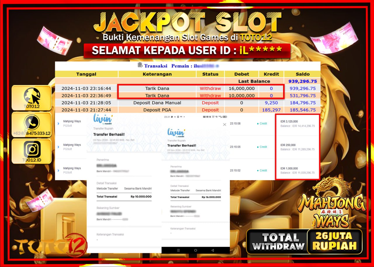  HANYA DI TOTO12 JP PASTI DI BAYAR LUNAS DAN CEPAT!!!!!! JACKPOT SLOT GAME (MAHJONG WAYS) Rp.26.000.000 !!!!