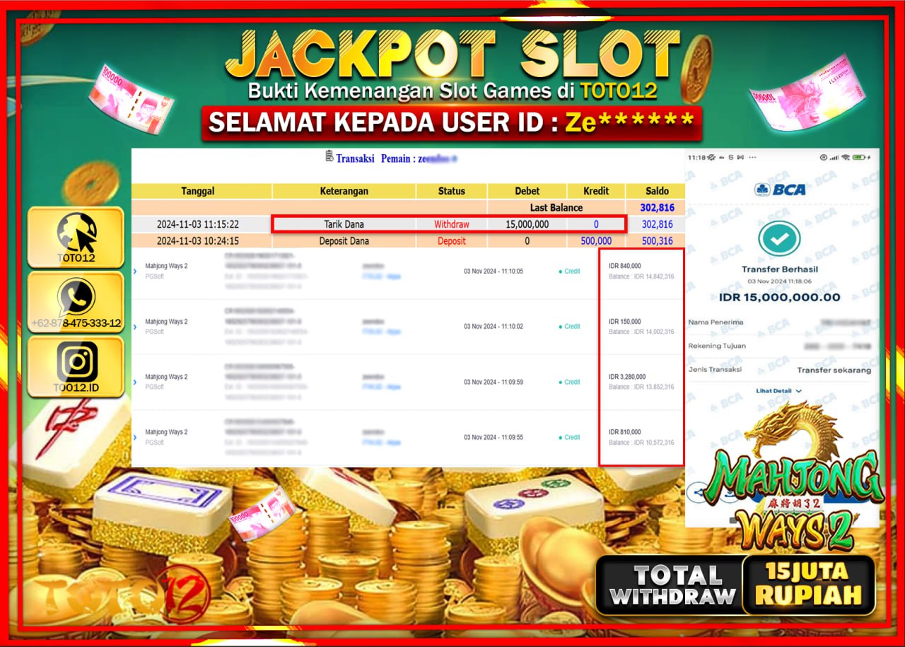 HANYA DI TOTO12 JP PASTI DI BAYAR LUNAS DAN CEPAT!!!!!! JACKPOT SLOT GAME (MAHJONG WAYS 2) Rp.15.000.000 !!!!