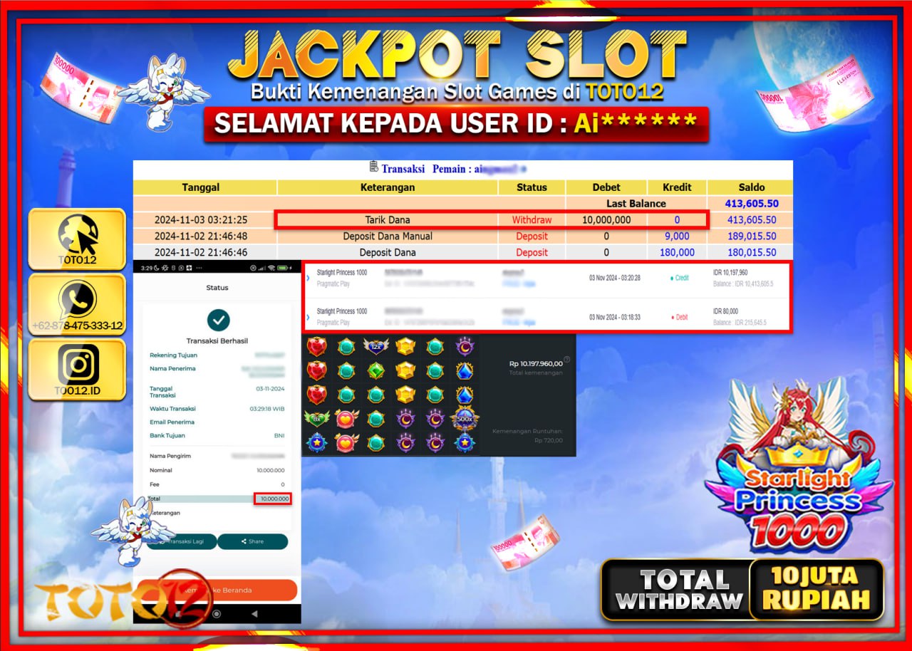 HANYA DI TOTO12 JP PASTI DI BAYAR LUNAS DAN CEPAT!!!!!! JACKPOT SLOT GAME (STARLIGHT PRINCESS 1000) Rp.10.000.000 !!!!
