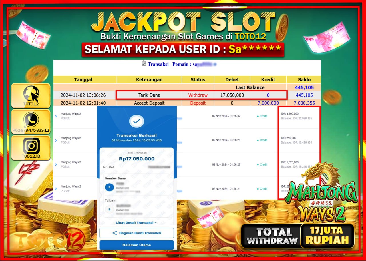 HANYA DI TOTO12 JP PASTI DI BAYAR LUNAS DAN CEPAT!!!!!! JACKPOT SLOT GAME (MAHJONG WAYS 2) Rp.17.000.000 !!!!