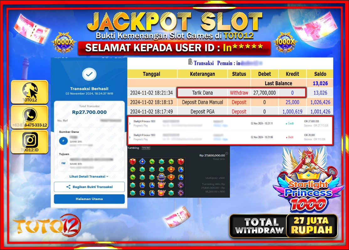 HANYA DI TOTO12 JP PASTI DI BAYAR LUNAS DAN CEPAT!!!!!! JACKPOT SLOT GAME (STARLIGHT PRINCESS 1000) Rp.27.000.000 !!!!