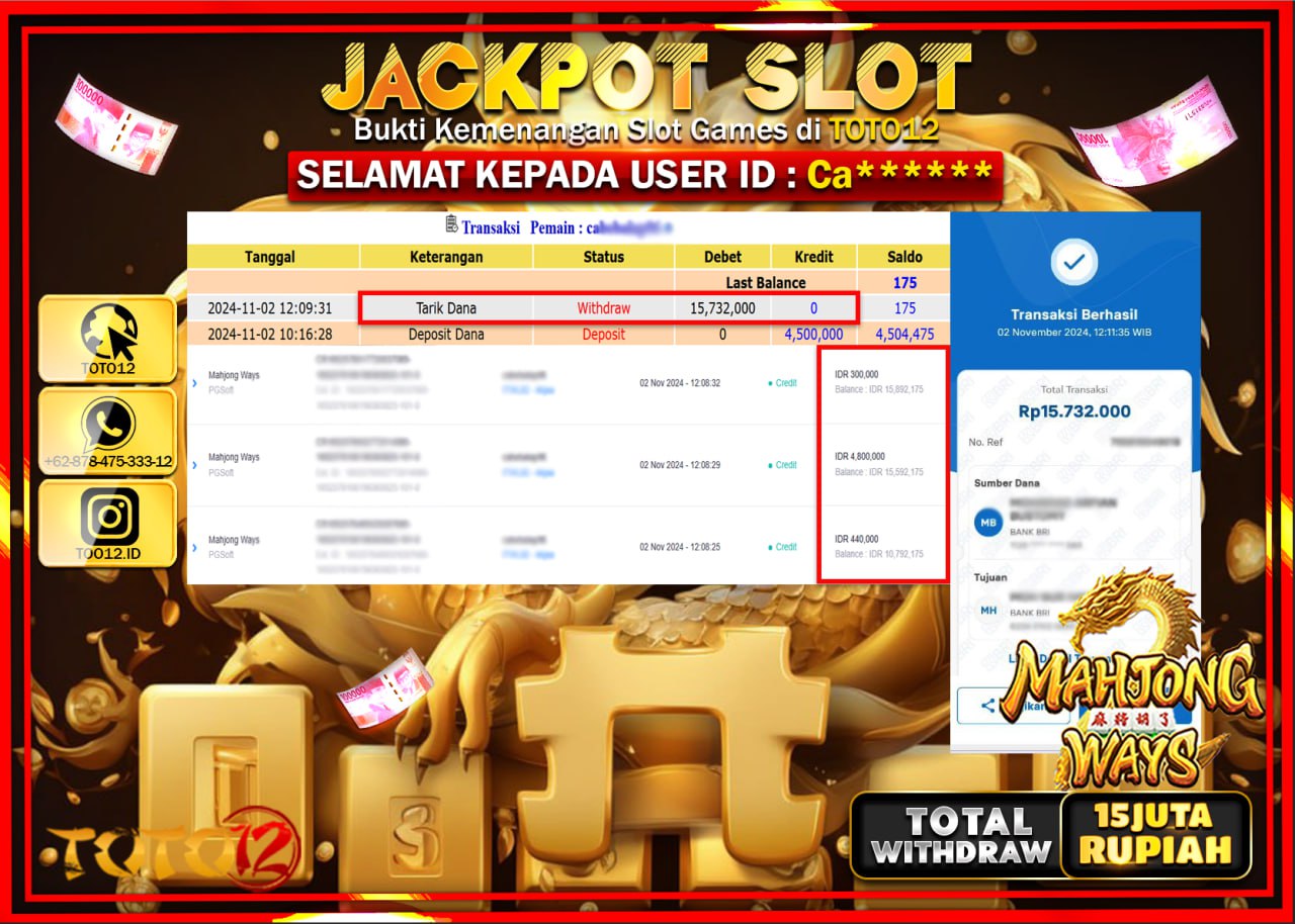 HANYA DI TOTO12 JP PASTI DI BAYAR LUNAS DAN CEPAT!!!!!! JACKPOT SLOT GAME (MAHJONG WAYS) Rp.15.000.000 !!!!