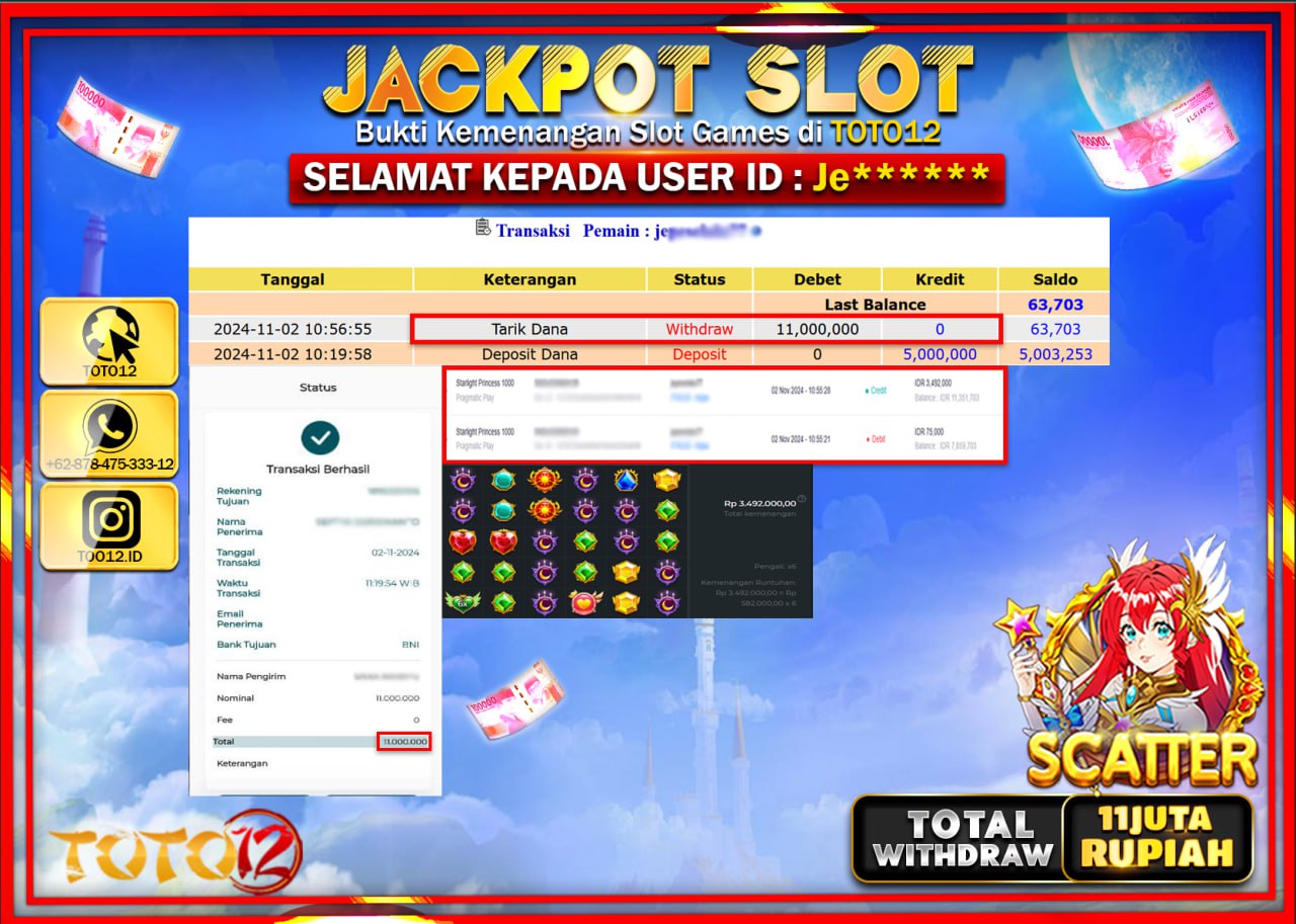 HANYA DI TOTO12 JP PASTI DI BAYAR LUNAS DAN CEPAT!!!!!! JACKPOT SLOT GAME (STARLIGHT PRINCESS 1000) Rp.11.000.000 !!!!